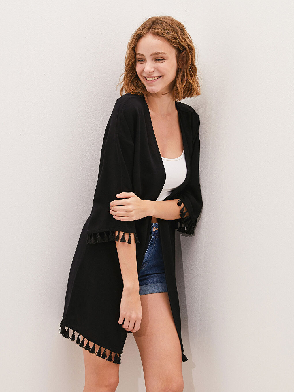 Tassel Detailed Crinkle Fabric Women's Kimono-2