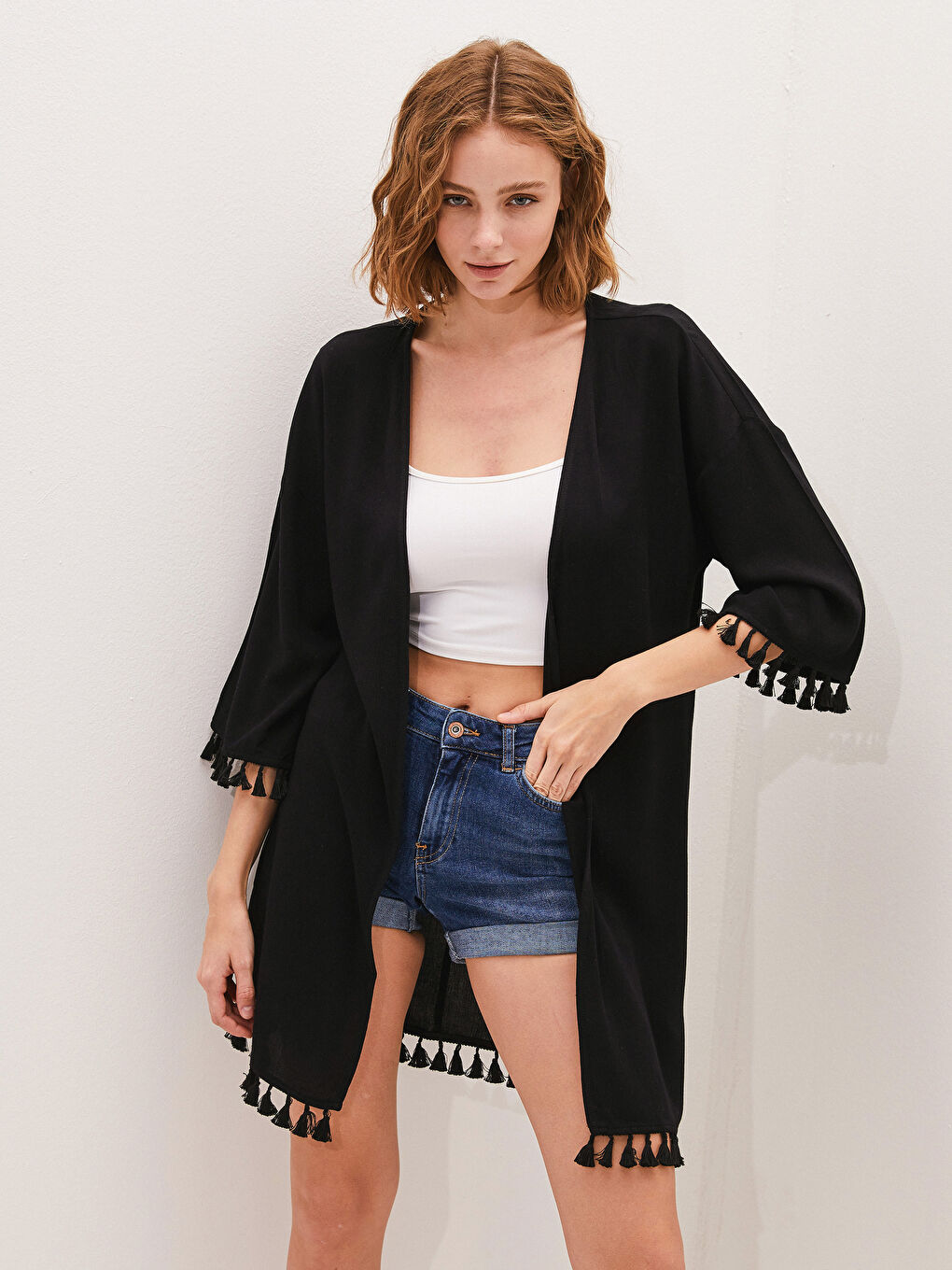 Tassel Detailed Crinkle Fabric Women's Kimono-3