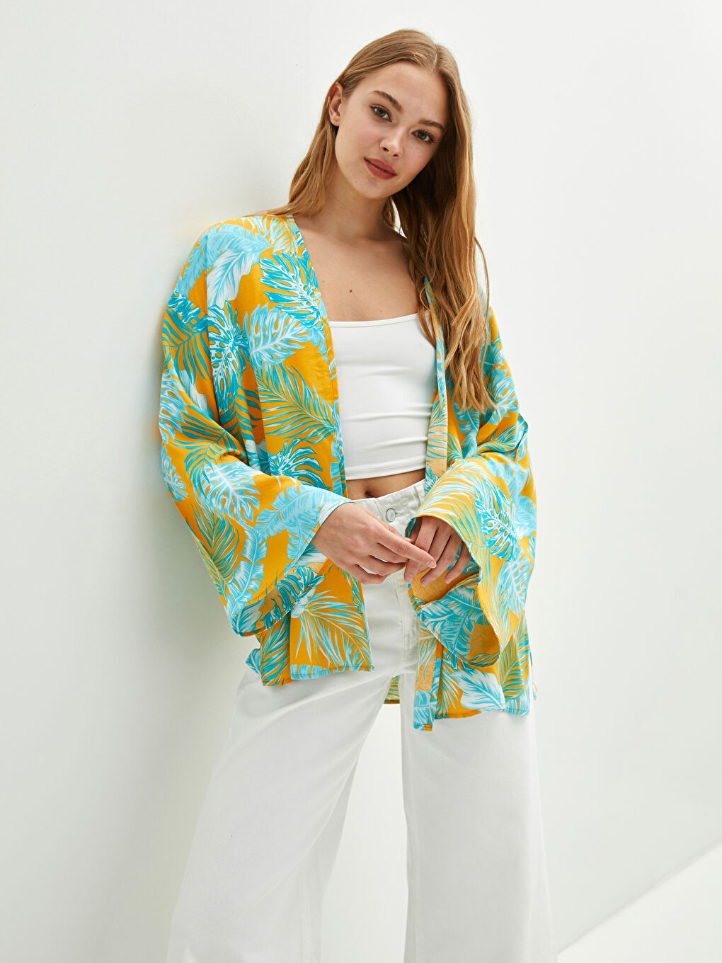 Sarı Desenli Uzun Kollu Poplin Kadın Kimono