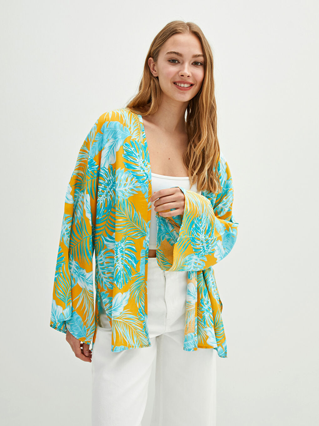 Sarı Desenli Uzun Kollu Poplin Kadın Kimono-1