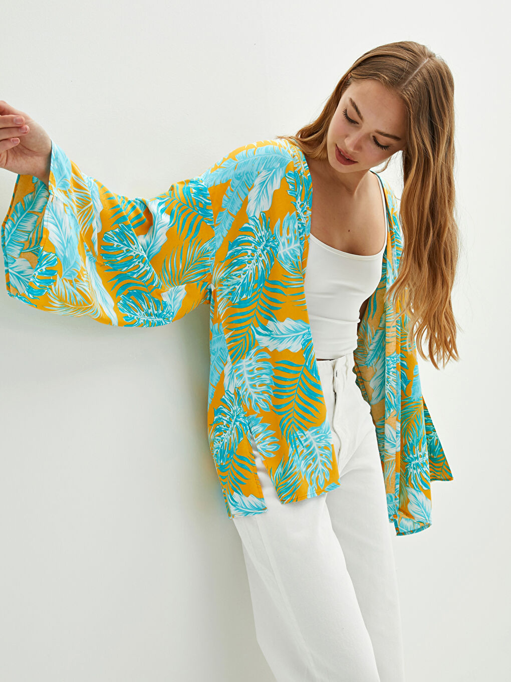 Sarı Desenli Uzun Kollu Poplin Kadın Kimono-2