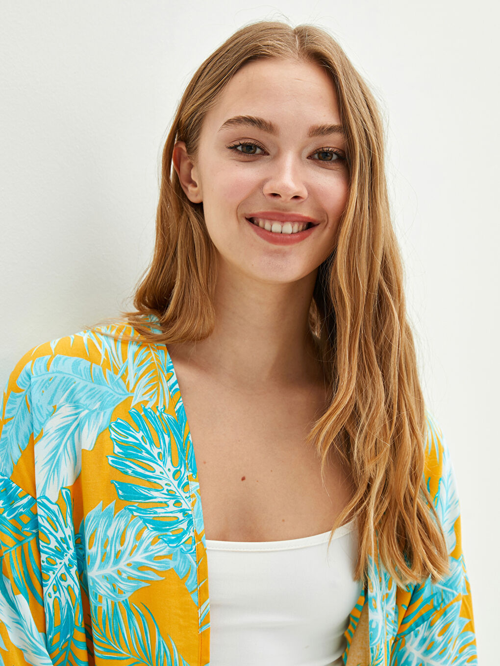 Sarı Desenli Uzun Kollu Poplin Kadın Kimono-3