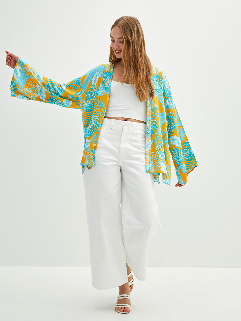 Sarı Desenli Uzun Kollu Poplin Kadın Kimono-4