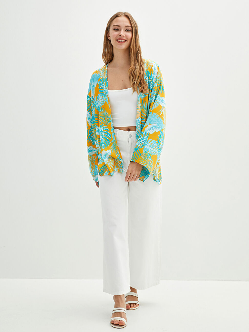 Sarı Desenli Uzun Kollu Poplin Kadın Kimono-5