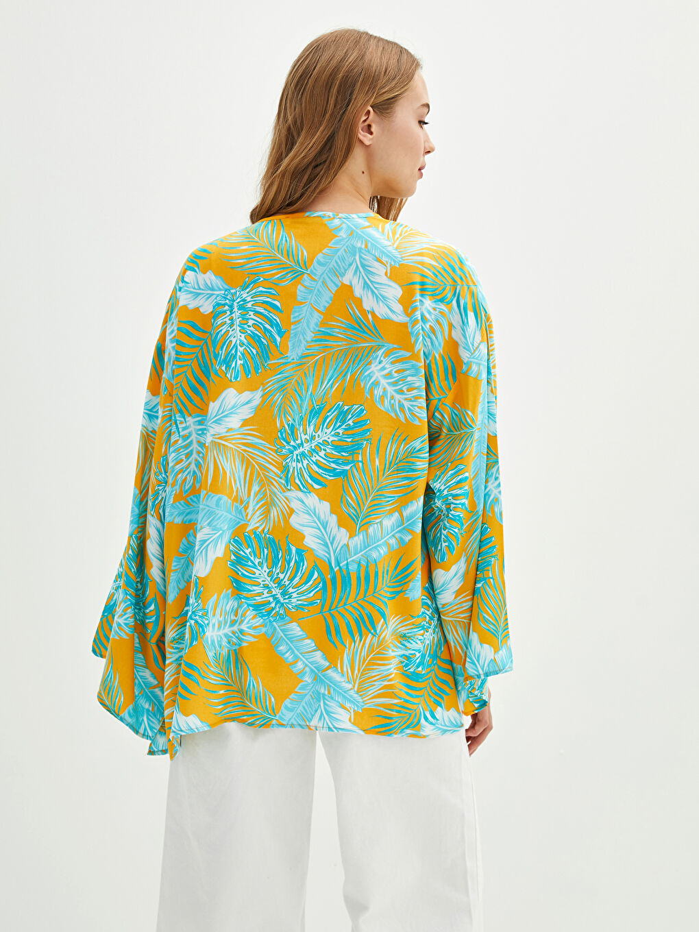 Sarı Desenli Uzun Kollu Poplin Kadın Kimono-6