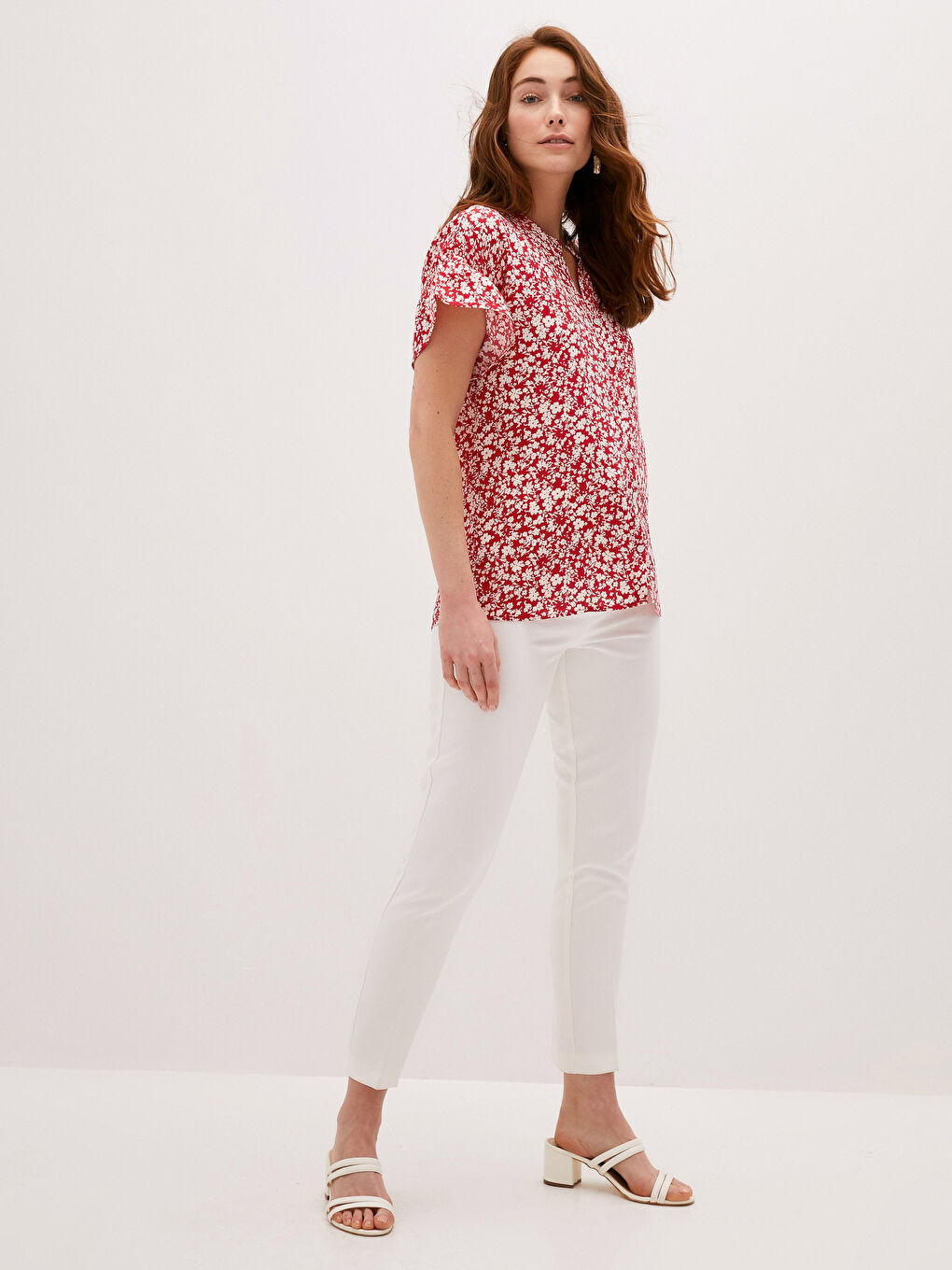 قميص نسائي بياقة عالية مطبوع كم قصير فيسكوز-3