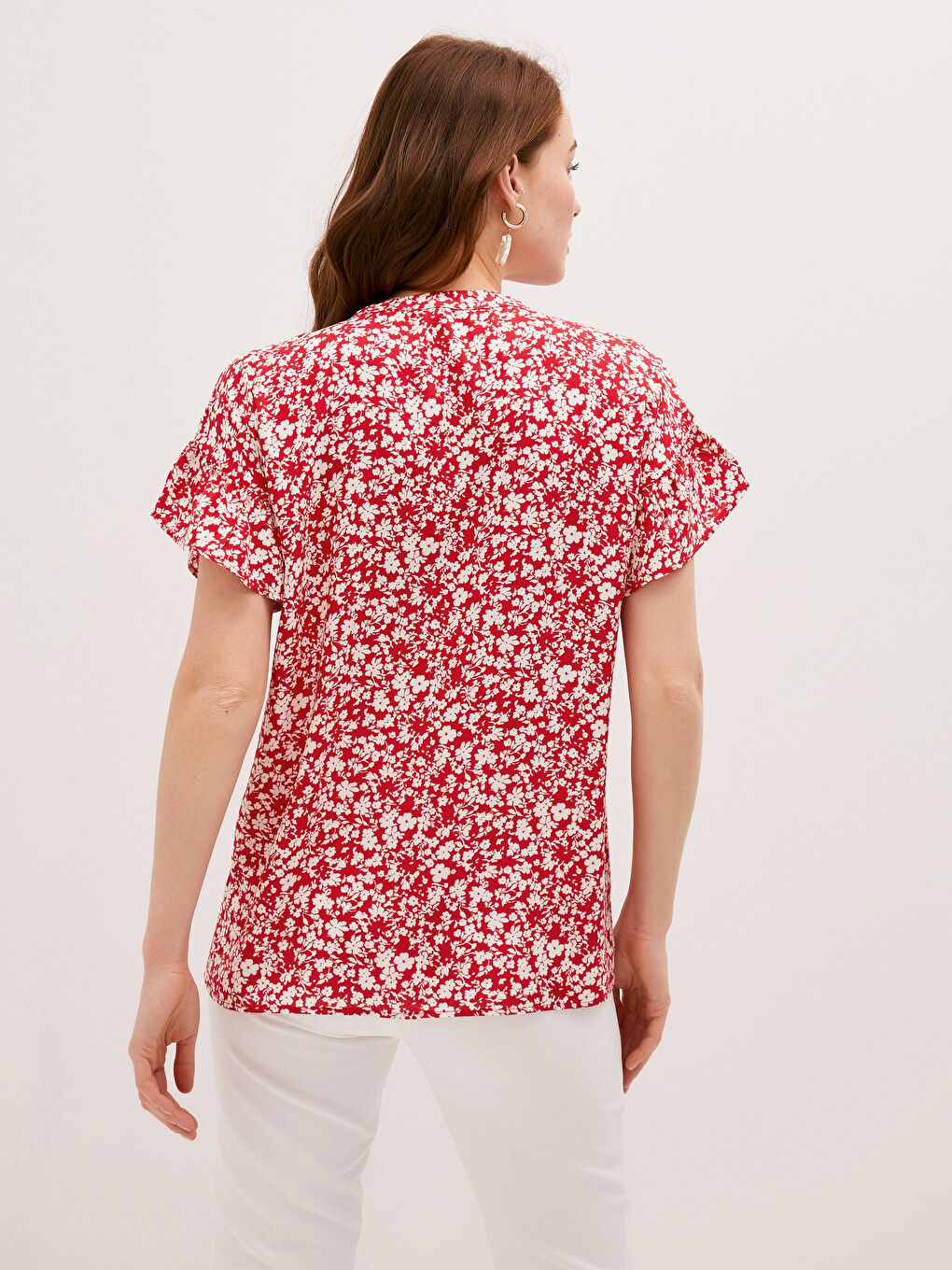 قميص نسائي بياقة عالية مطبوع كم قصير فيسكوز-4