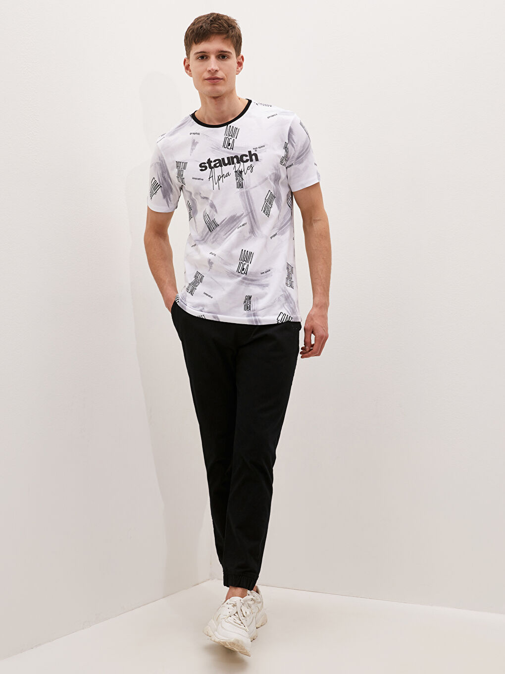 Beyaz Bisiklet Yaka Kısa Kollu Baskılı Penye Erkek Tişört-2