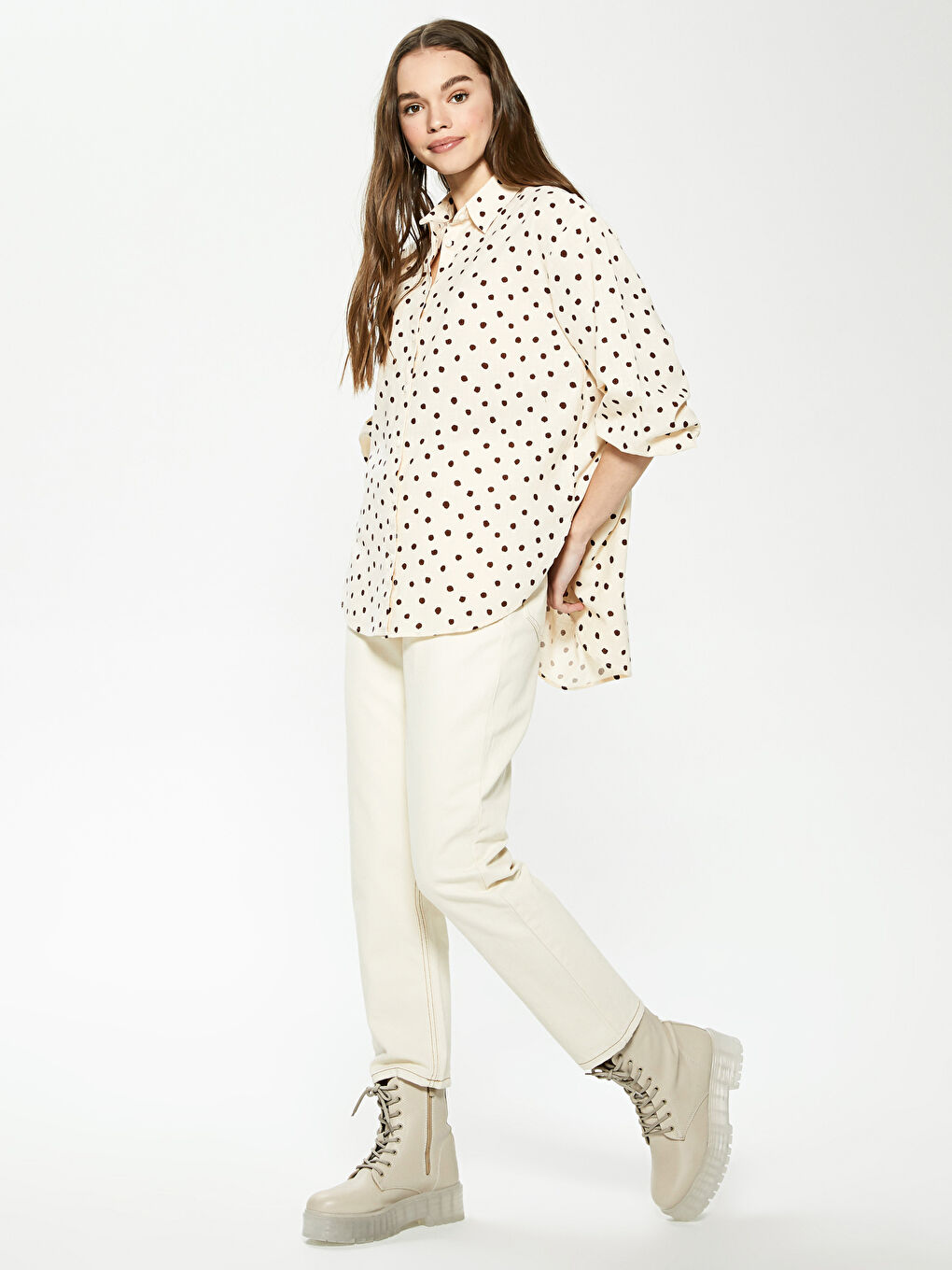 قميص نسائي كم طويل بنقشة البولكا دوت من قماش البوبلين-2