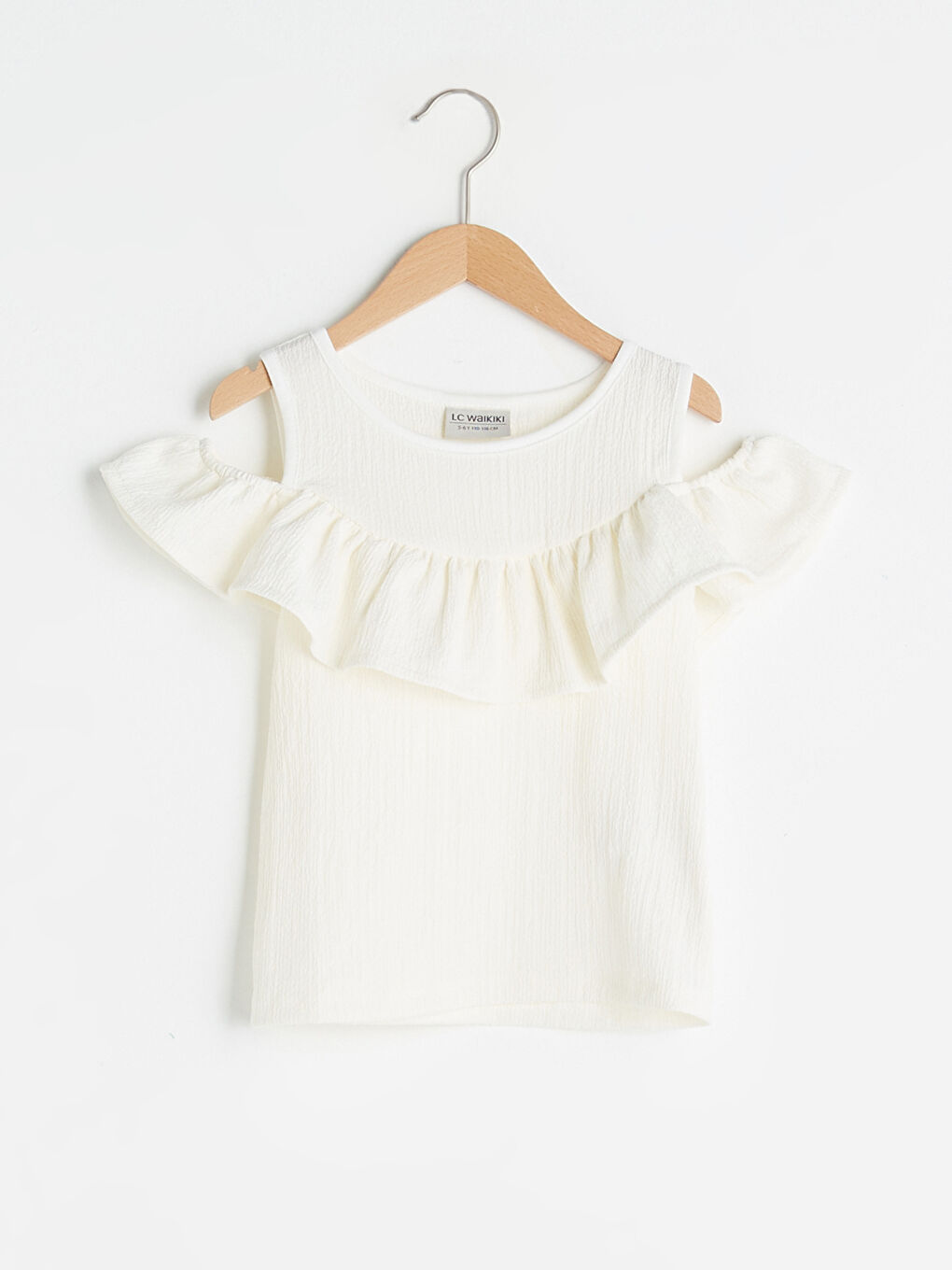 Ekru Bisiklet Yaka Fırfır Detaylı Kısa Kollu Omuzu Açık Kız Çocuk Bluz