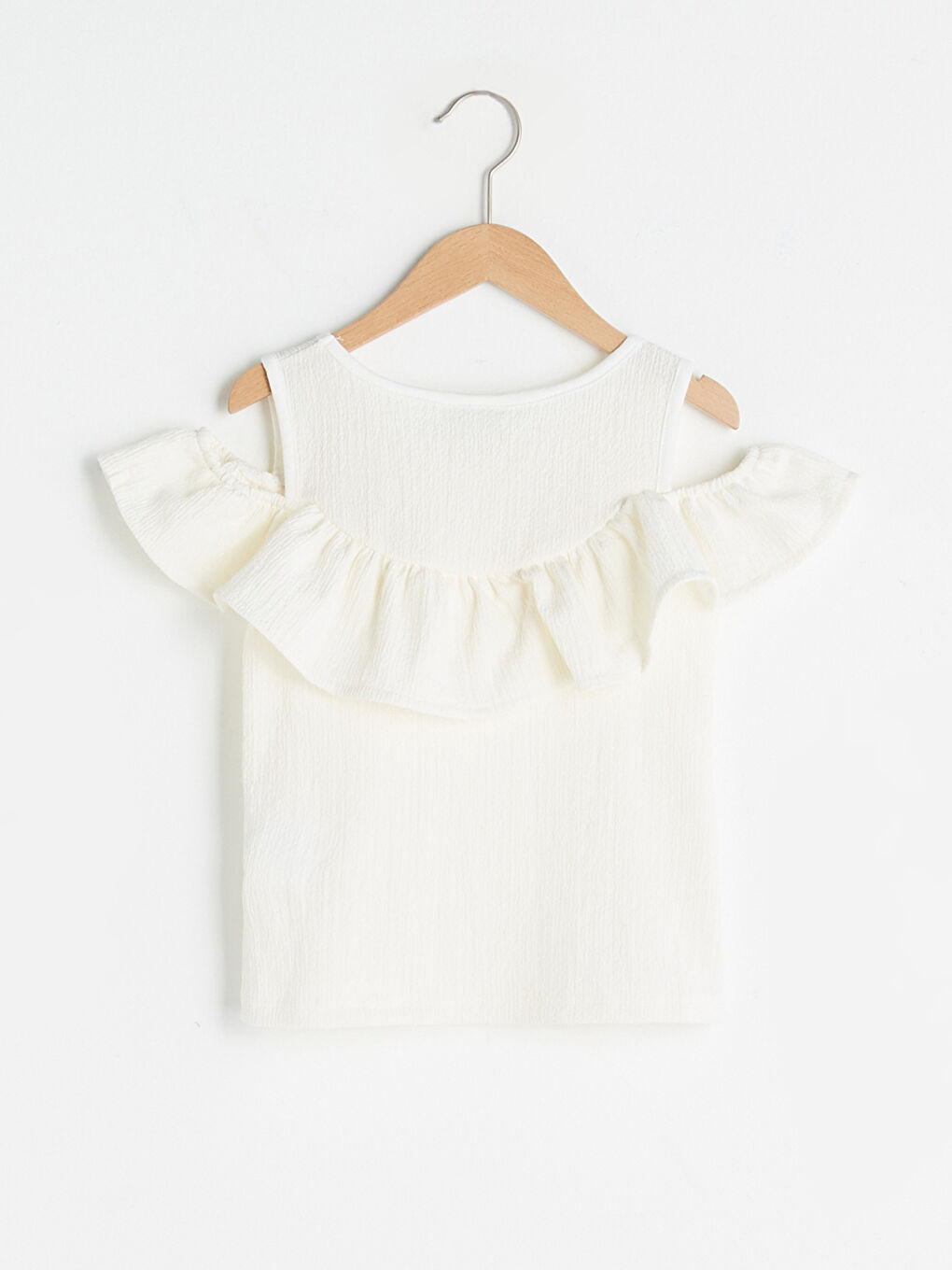 Ekru Bisiklet Yaka Fırfır Detaylı Kısa Kollu Omuzu Açık Kız Çocuk Bluz-1