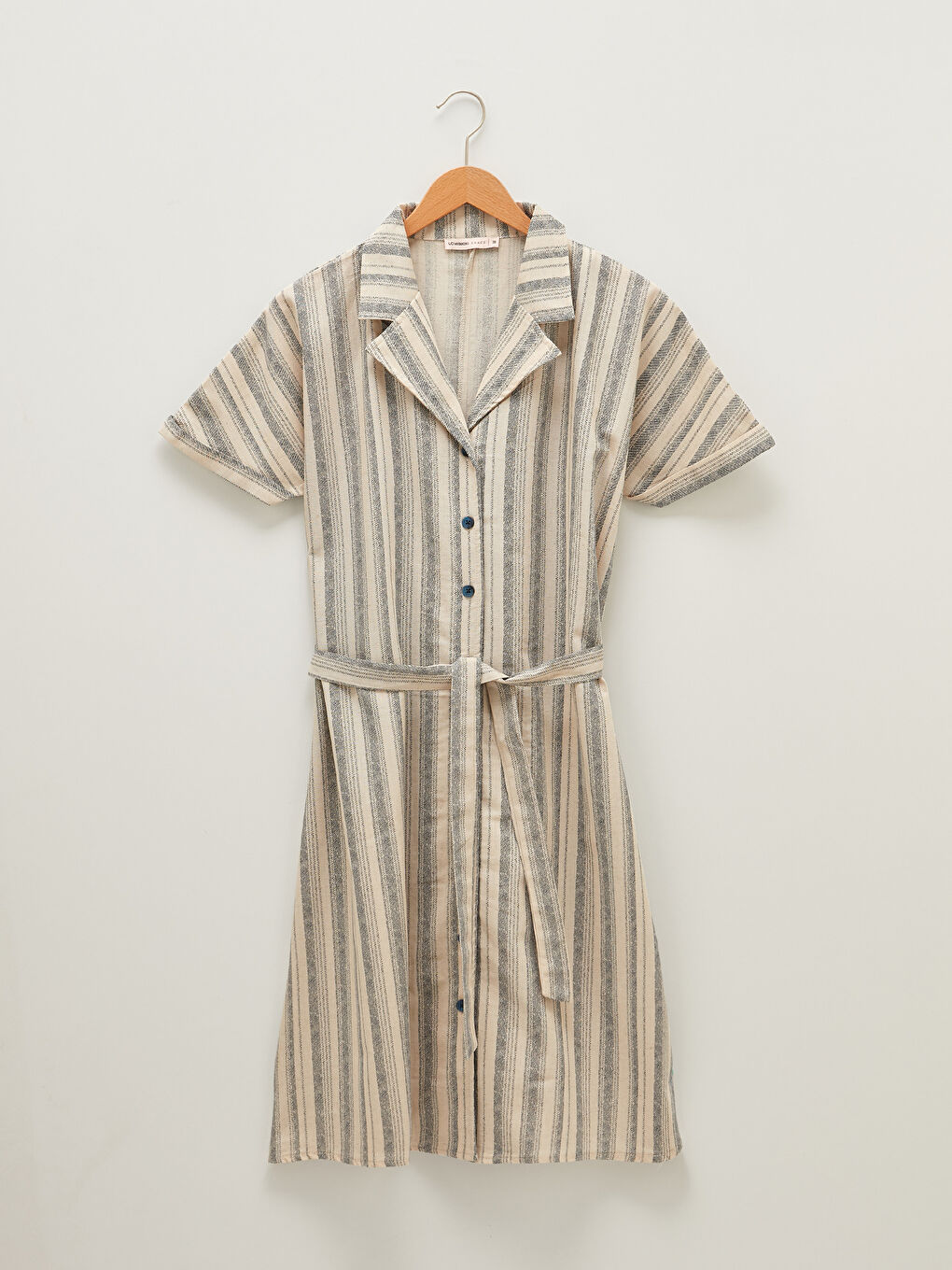 Shirt Collar Striped Short Sleeve Waist Belted Women's Dress-5
