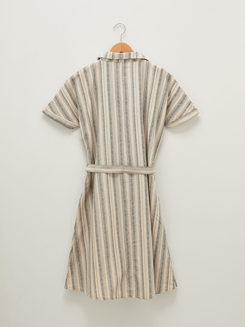 Shirt Collar Striped Short Sleeve Waist Belted Women's Dress-6
