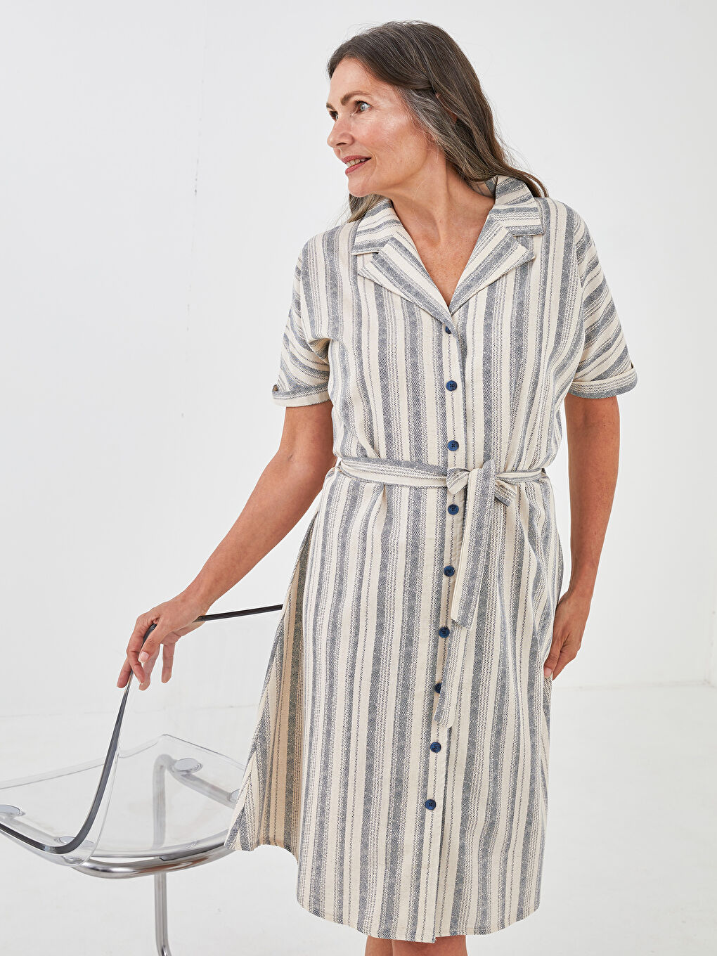 Shirt Collar Striped Short Sleeve Waist Belted Women's Dress-2