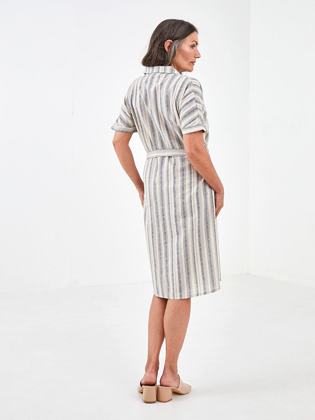 Shirt Collar Striped Short Sleeve Waist Belted Women's Dress-3