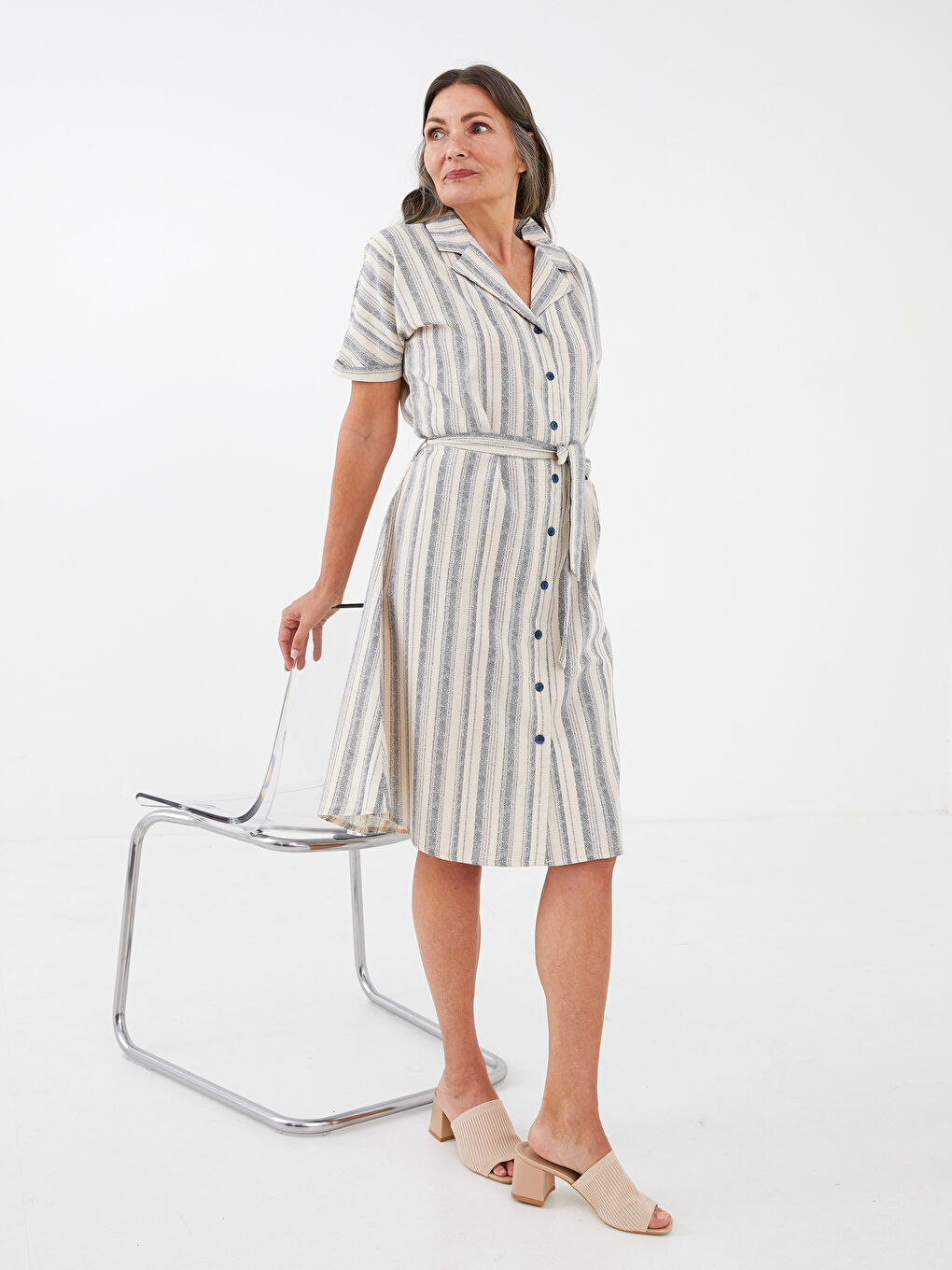 Shirt Collar Striped Short Sleeve Waist Belted Women's Dress-4