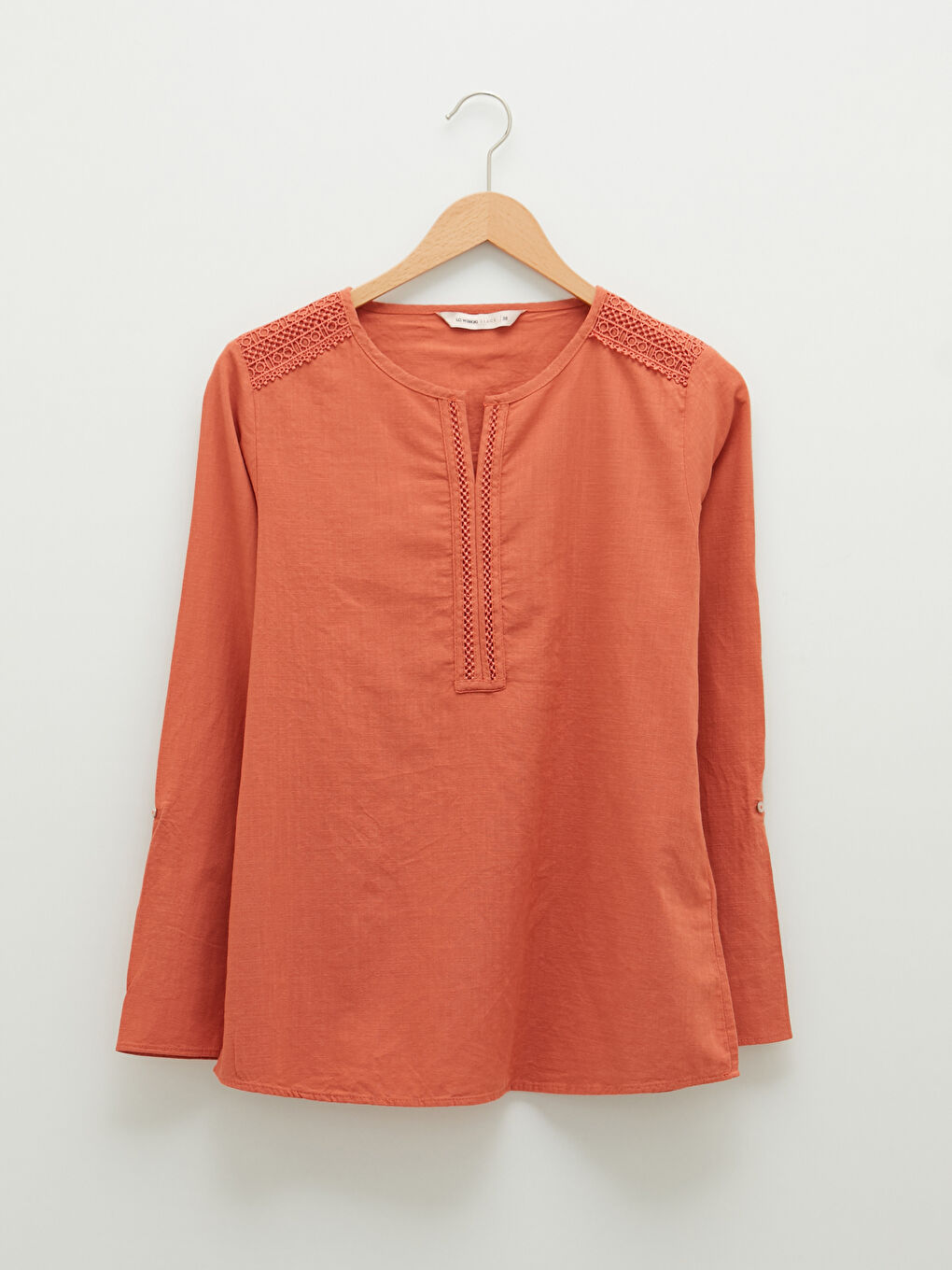 Blouse en Coton à Encolure Henley Brodée à Manches Longues pour Femmes-7