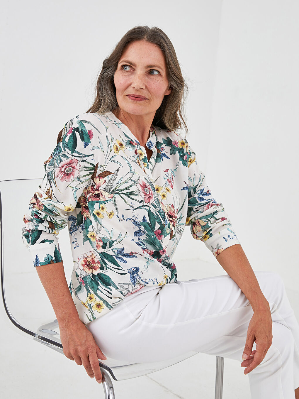 LCW Grace Turtleneck Floral Printed Long Sleeve Viscose Women's Blouse -S1HA15Z8-LRA