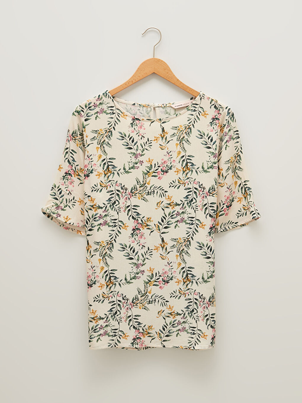 Crew Neck Patterned Short Sleeve Crinkle Fabric Women's Blouse-5