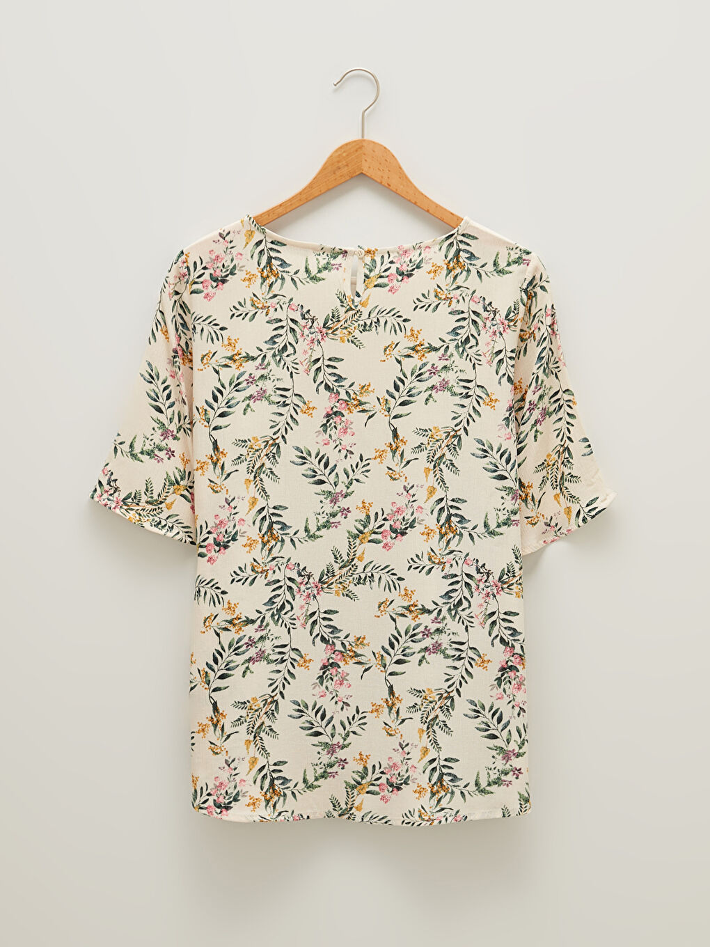 Crew Neck Patterned Short Sleeve Crinkle Fabric Women's Blouse-6