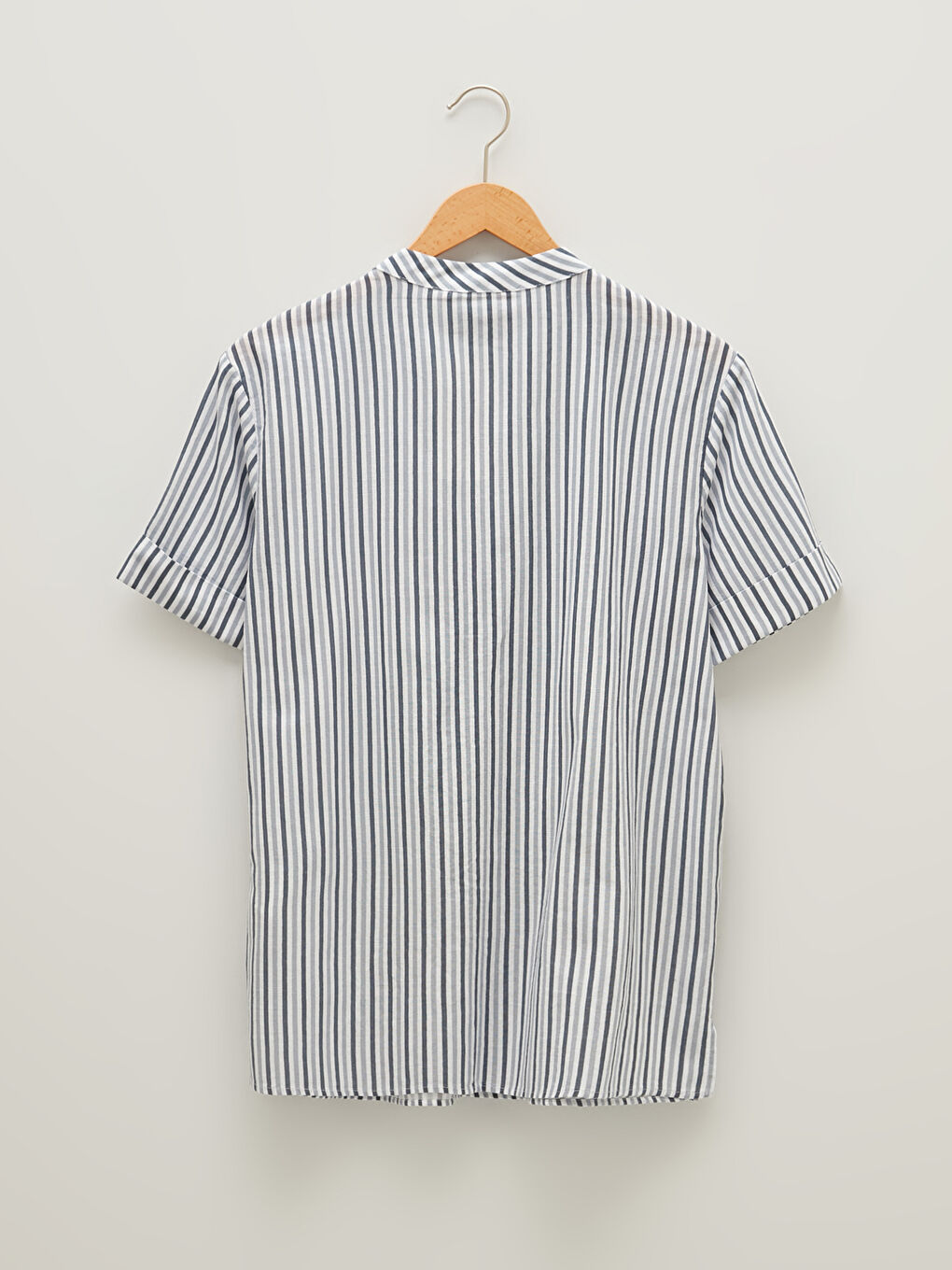 Bej Kaçık Yaka Çizgili Kısa Kollu Pamuklu Kadın Bluz-6