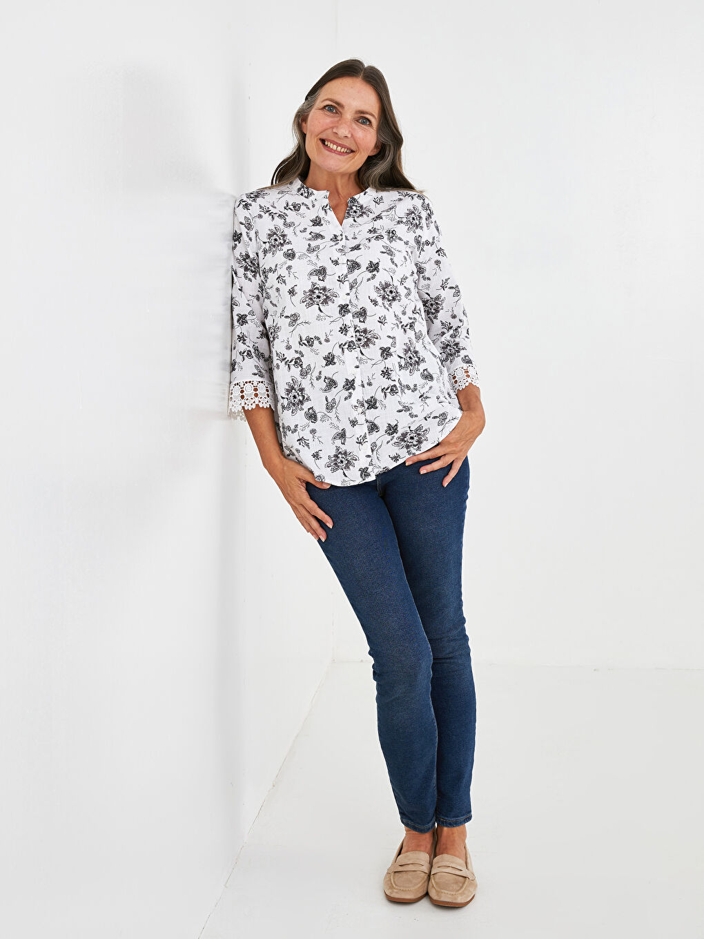 Henley Neckline Pattern Long Sleeve Cotton Women's Shirt-2