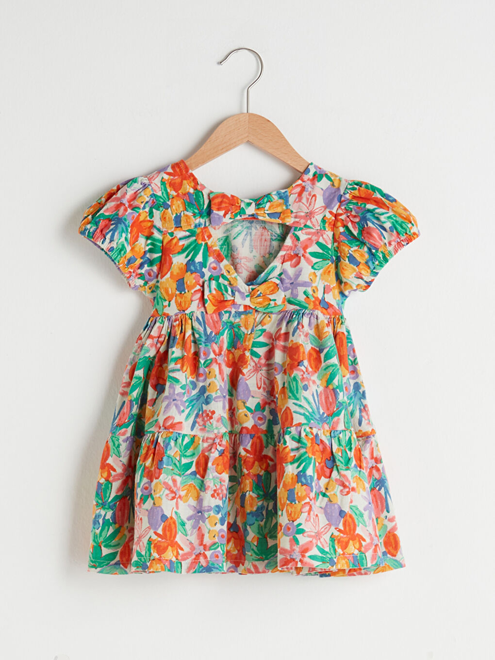 Turuncu Bisiklet Yaka Kısa Kol Baskılı Pamuklu Kız Bebek Elbise-1