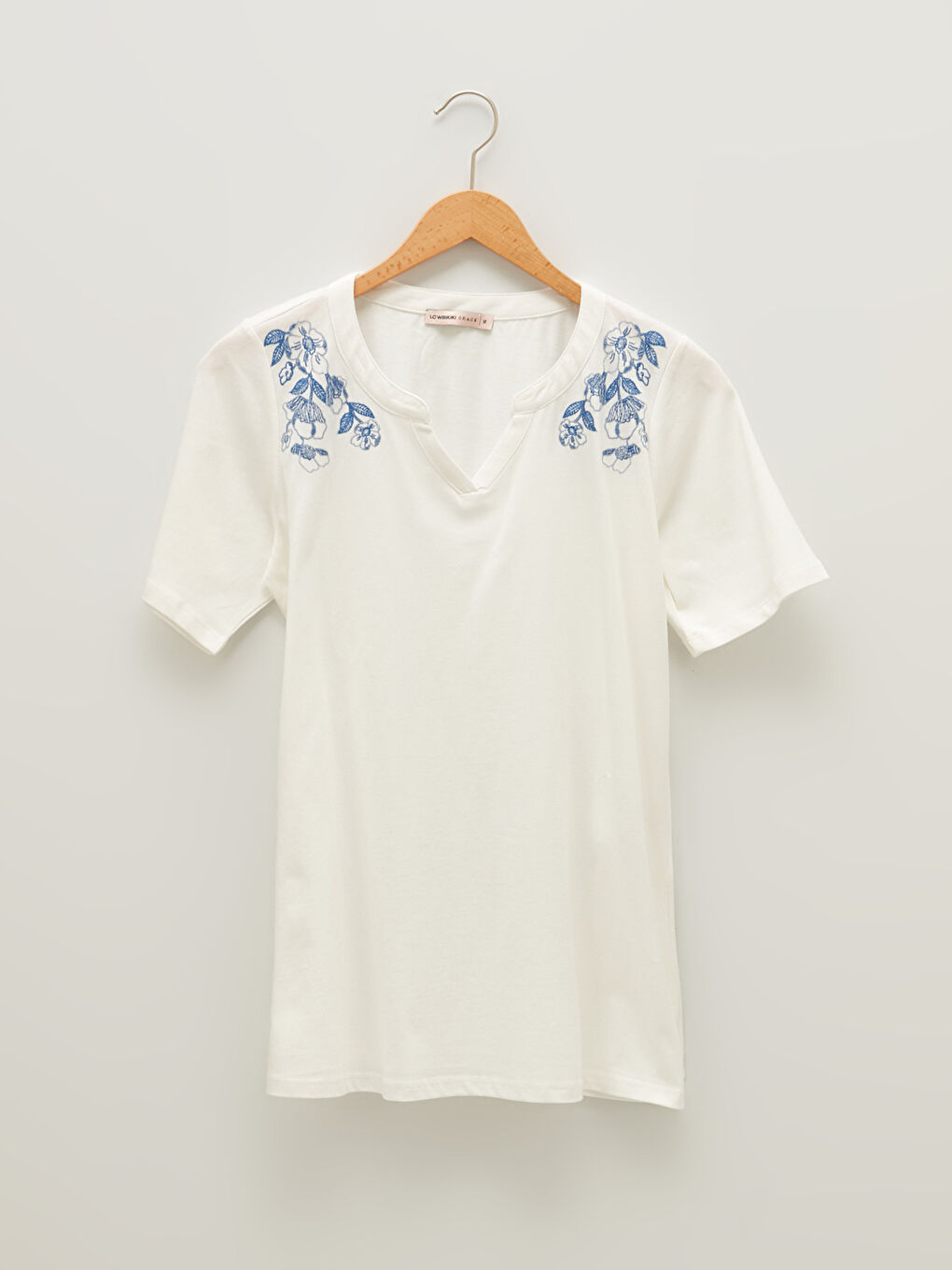 Turtleneck Embroidered Short Sleeve Cotton Women's Blouse-6