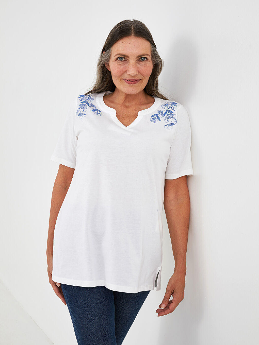 Turtleneck Embroidered Short Sleeve Cotton Women's Blouse-1