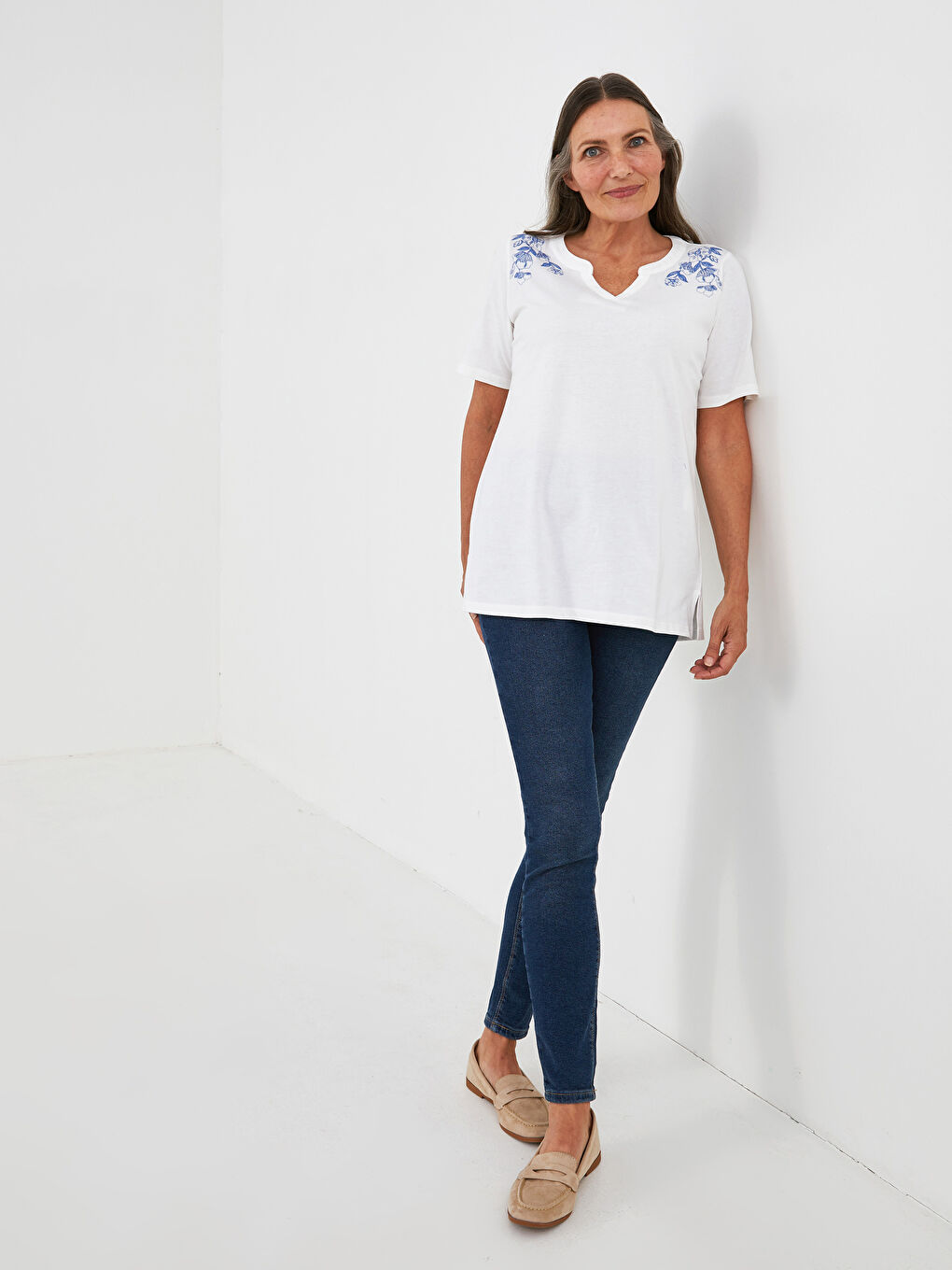 Turtleneck Embroidered Short Sleeve Cotton Women's Blouse-5