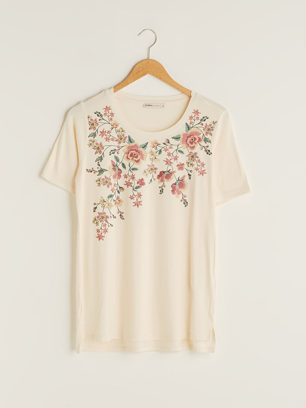 Pembe Bisiklet Yaka Baskılı Kısa Kollu Kadın Tişört-5