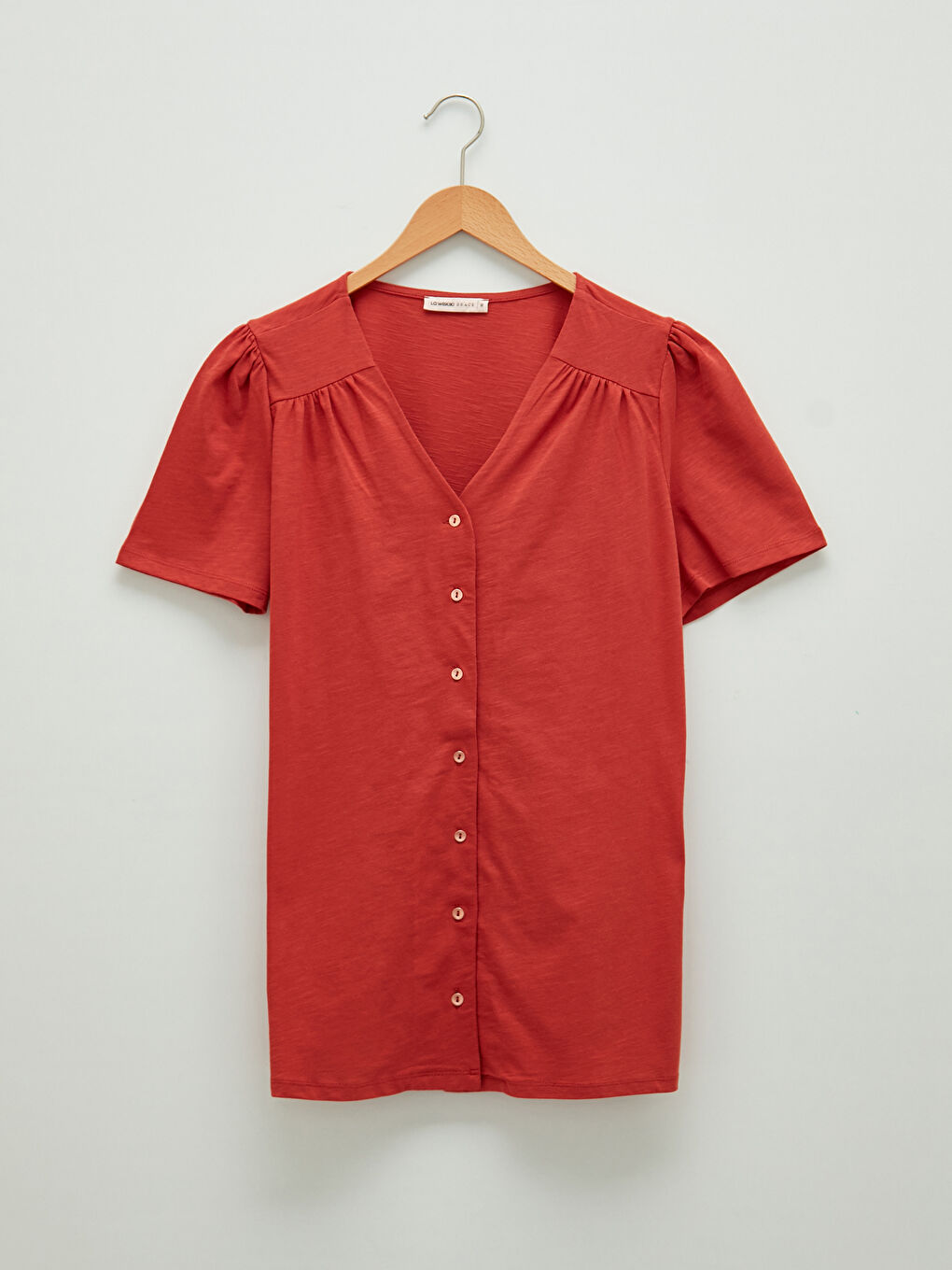 V-Neck Straight Front Buttoned Short Sleeve Women's Shirt-4