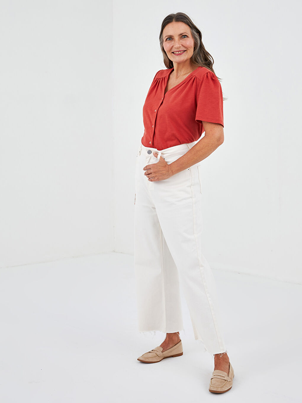 V-Neck Straight Front Buttoned Short Sleeve Women's Shirt-1