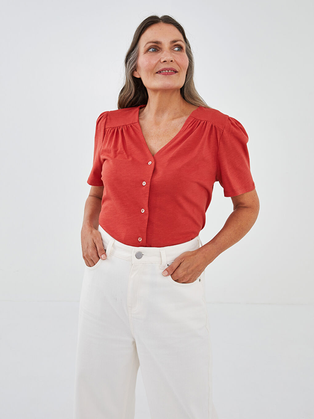 V-Neck Straight Front Buttoned Short Sleeve Women's Shirt-3