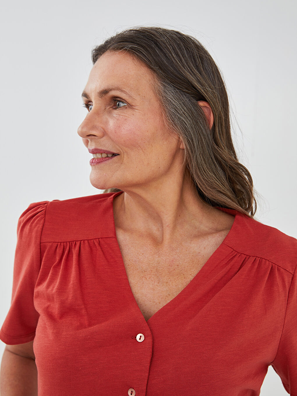 V-Neck Straight Front Buttoned Short Sleeve Women's Shirt