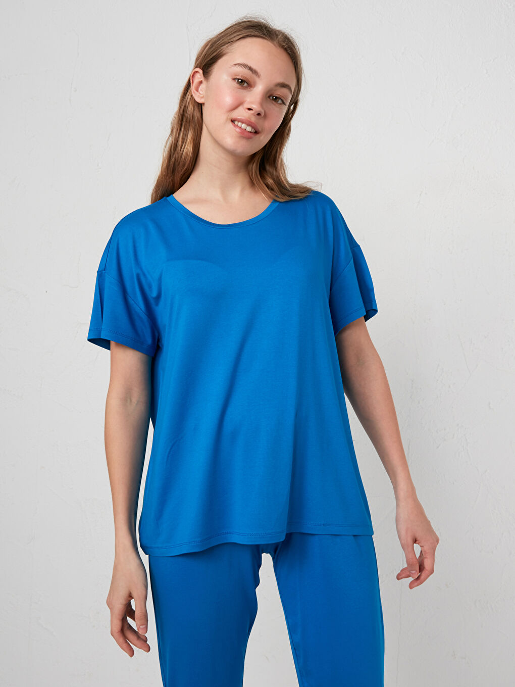 Mavi Bisiklet Yaka Düz Kısa Kollu Viskon Kadın Pijama Takımı-2
