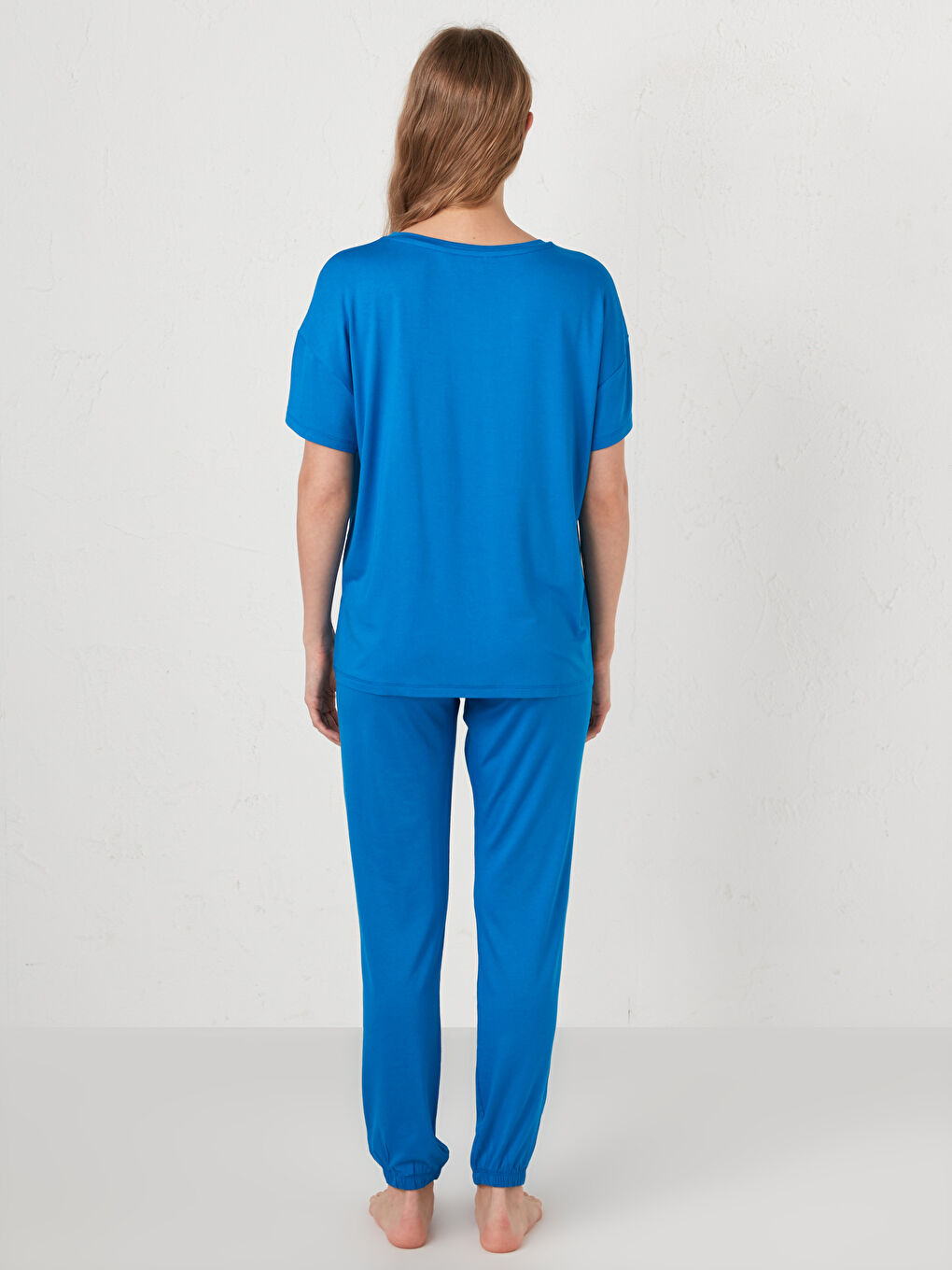 Mavi Bisiklet Yaka Düz Kısa Kollu Viskon Kadın Pijama Takımı-3