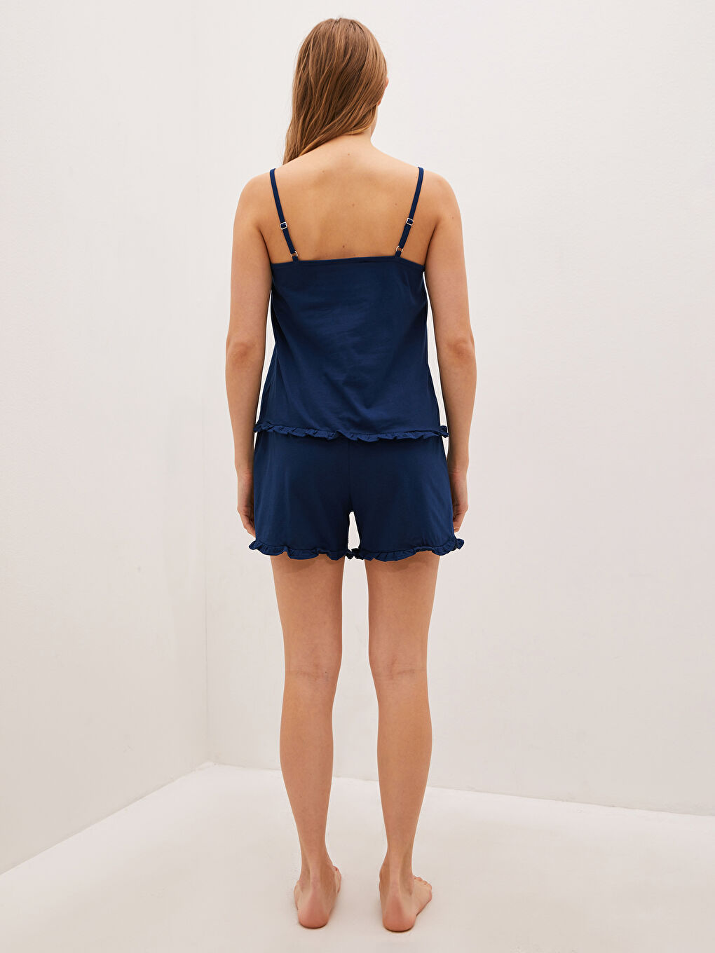 Lacivert Askılı Fırfır Detaylı Pamuklu Kadın Şortlu Pijama Takımı-4