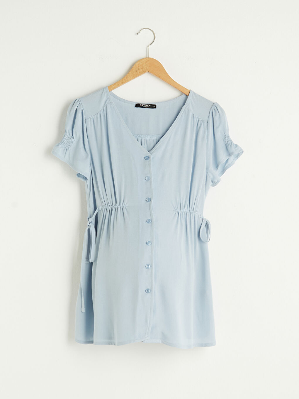 Chemise Encolure en V Droite Manches Courtes Tissu Froissé Maternité-5