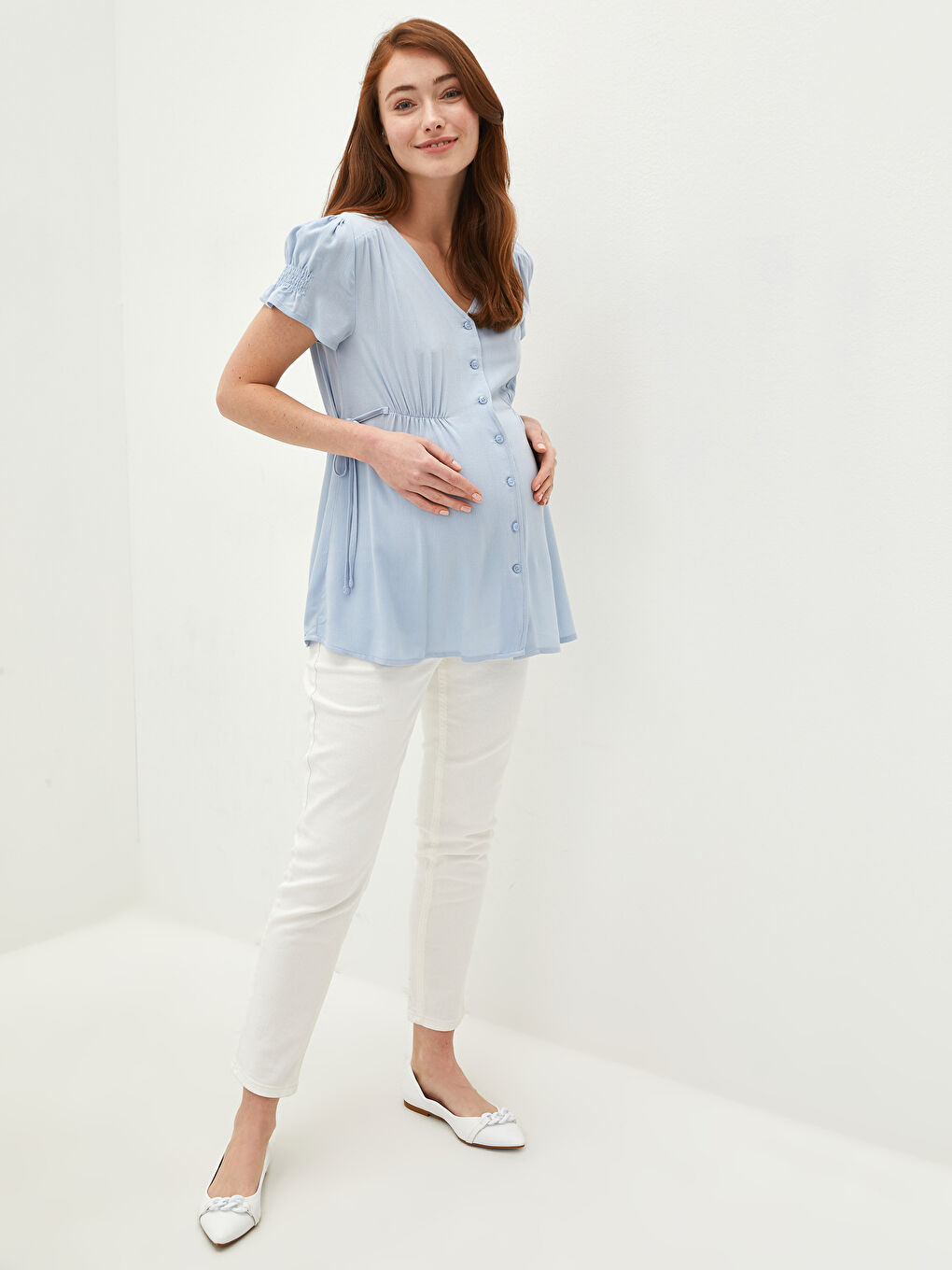 Chemise Encolure en V Droite Manches Courtes Tissu Froissé Maternité-1