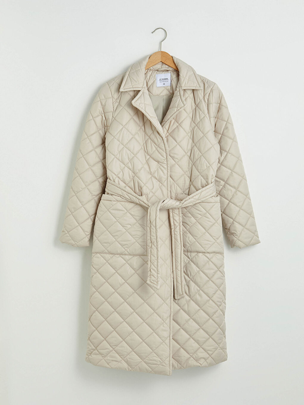 Ekru Ceket Yaka Beli Kuşaklı Kapitone Desenli Uzun Kollu Kadın Mont-7