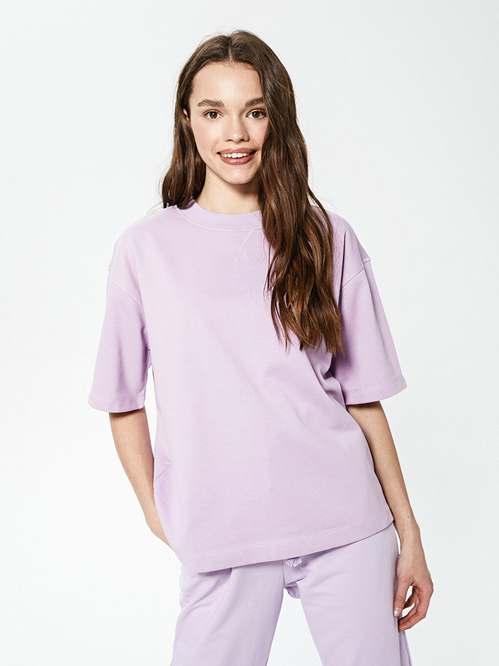 Lila Bisiklet Yaka Düz Kısa Kollu Kadın Tişört-3