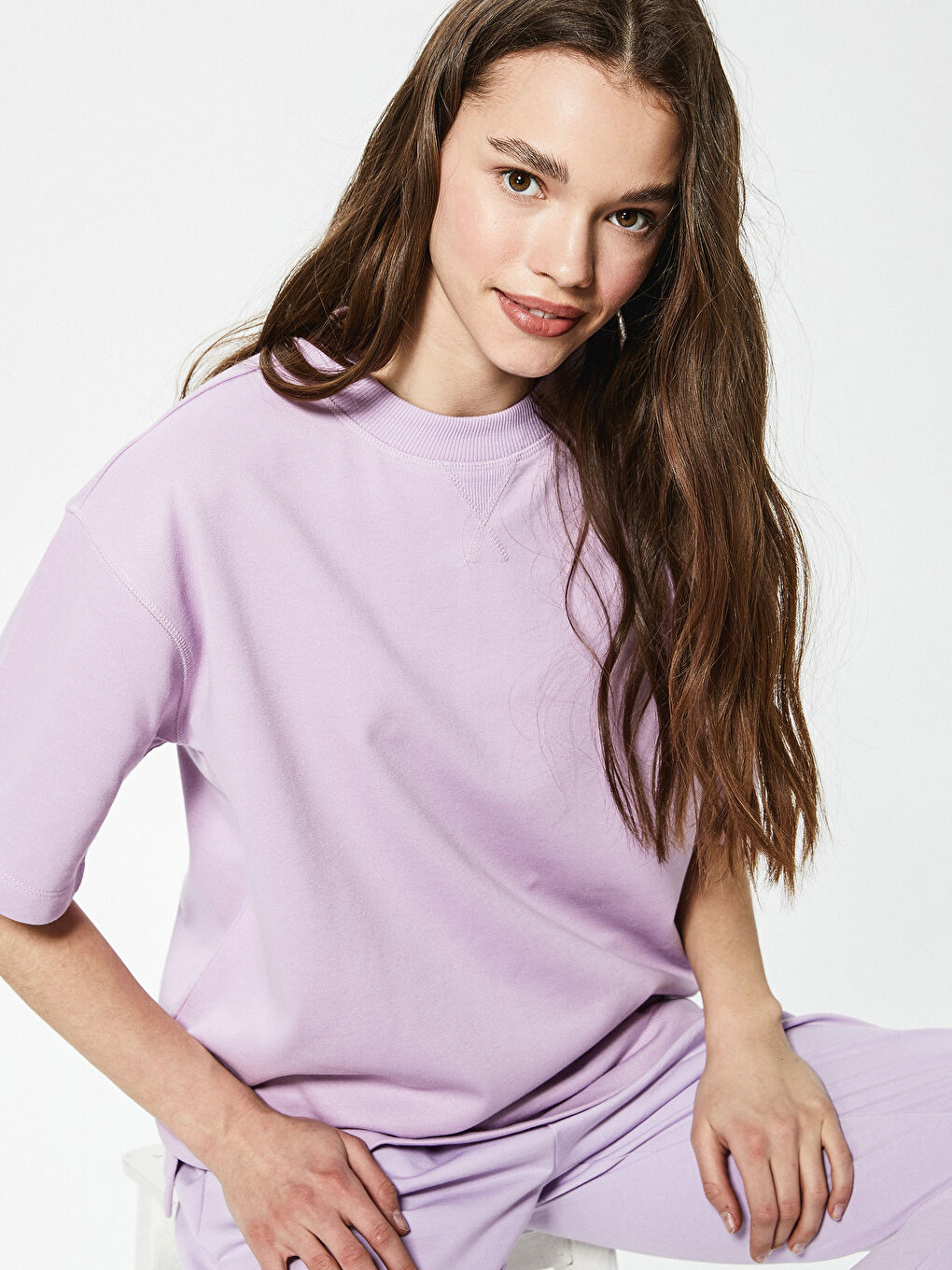 Lila Bisiklet Yaka Düz Kısa Kollu Kadın Tişört-5