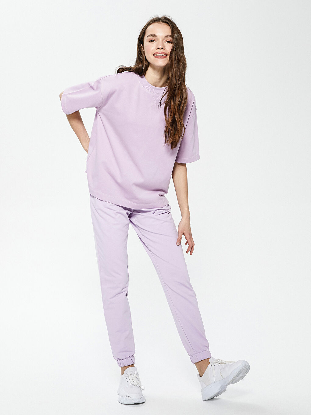 Lila Bisiklet Yaka Düz Kısa Kollu Kadın Tişört-6