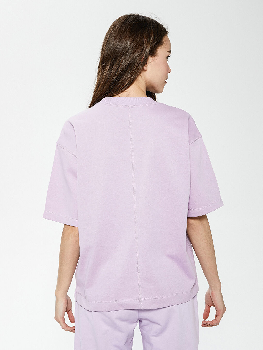 Lila Bisiklet Yaka Düz Kısa Kollu Kadın Tişört-7