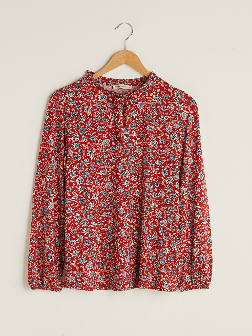 Turuncu Fırfırlı Bağlamalı Yaka Çiçekli Uzun Kollu Kadın Bluz-4