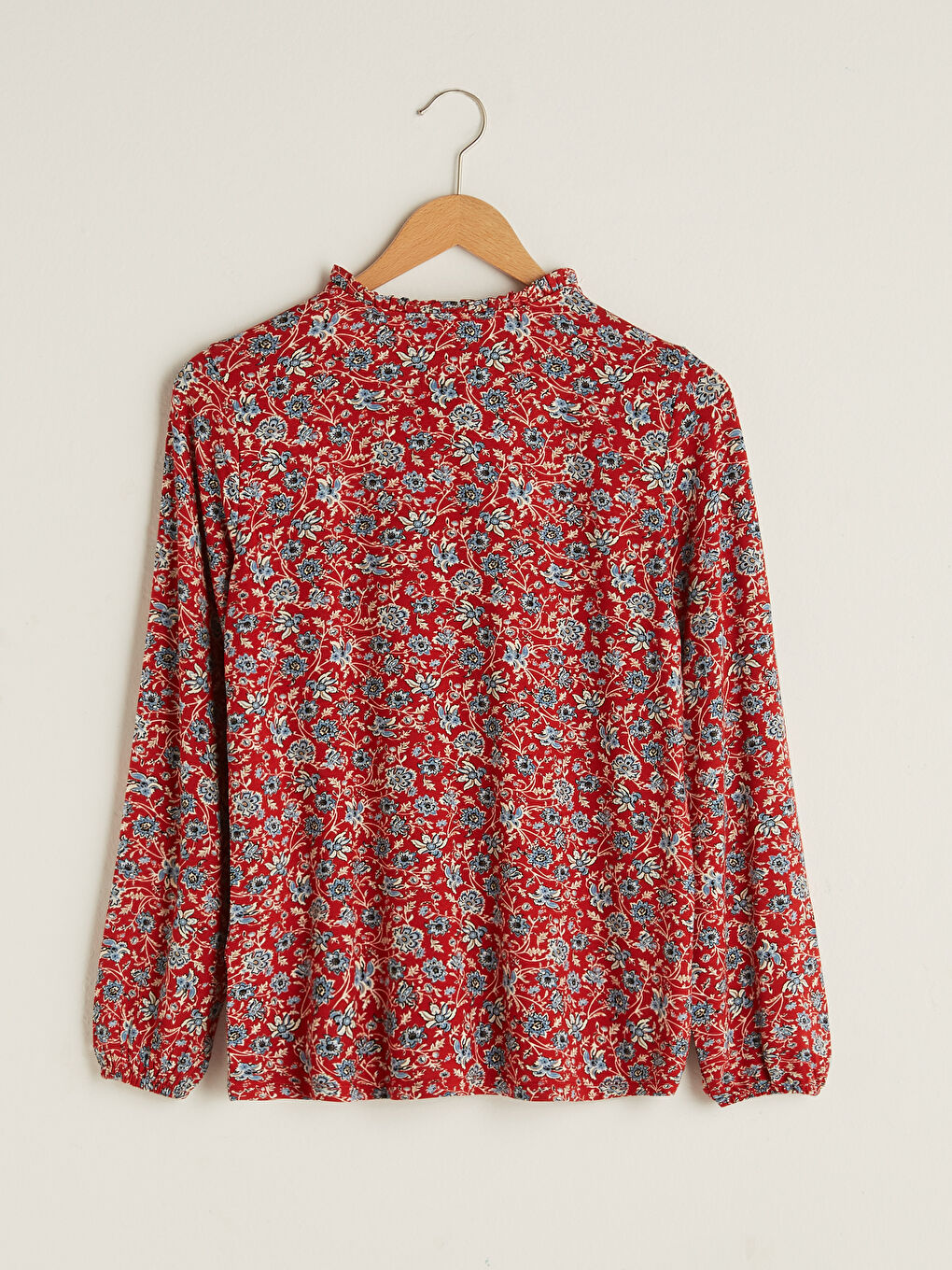 Turuncu Fırfırlı Bağlamalı Yaka Çiçekli Uzun Kollu Kadın Bluz-5