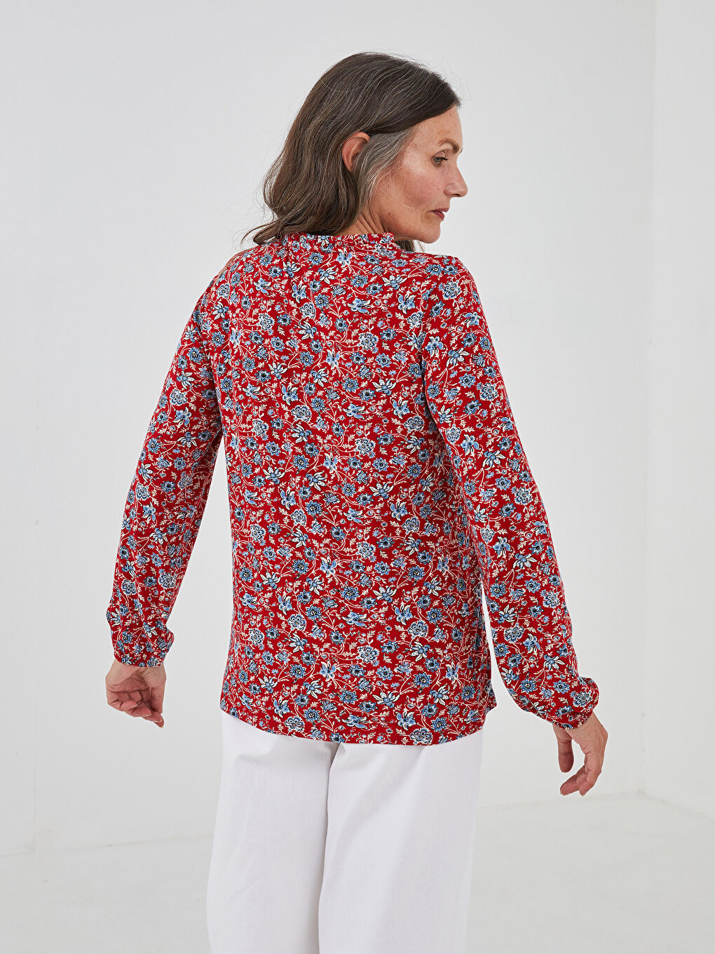 Turuncu Fırfırlı Bağlamalı Yaka Çiçekli Uzun Kollu Kadın Bluz-2