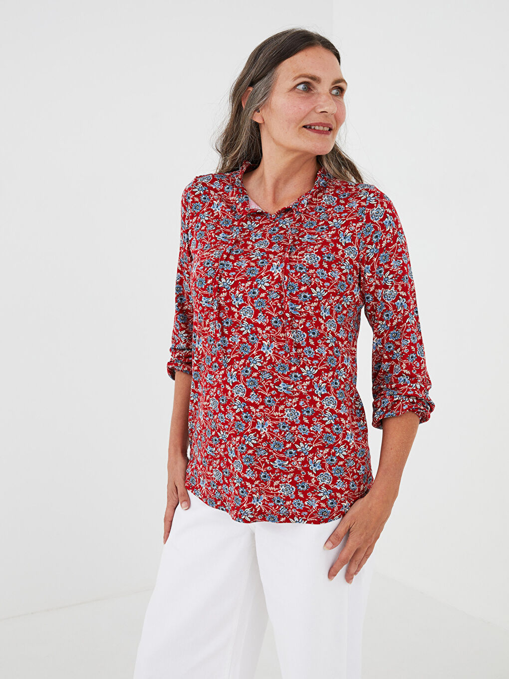 Turuncu Fırfırlı Bağlamalı Yaka Çiçekli Uzun Kollu Kadın Bluz-3