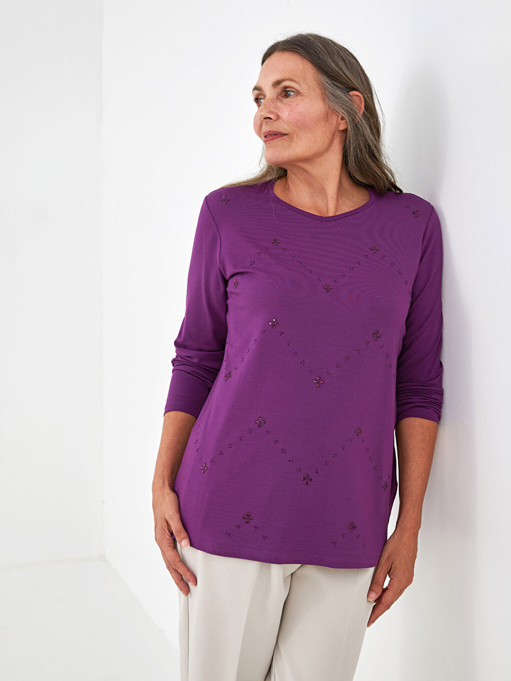 Mor Bisiklet Yaka Taşlı Uzun Kollu Kadın Bluz-4